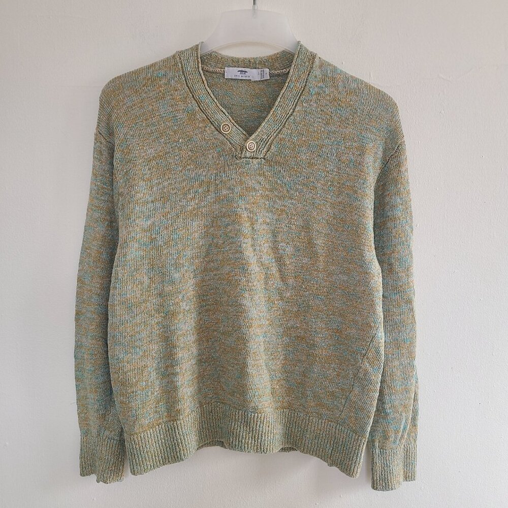 Inis Meain Linen Sweater V Neck Size L Green Ireland - Picture 7 of 8